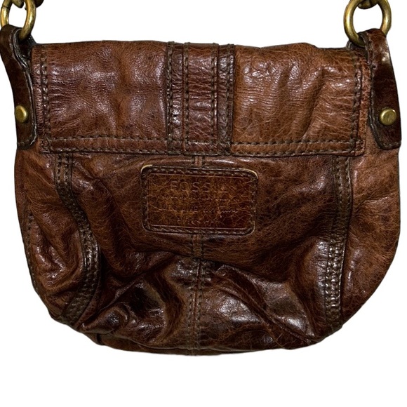 Fossil Maddox Brown Distressed Leather Long Live Vintage Chain Strap Baguette - Picture 8 of 16